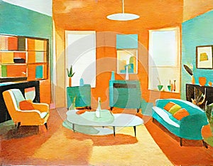 Watercolor of Funky retro living room