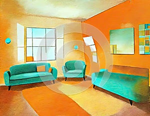 Watercolor of Funky retro living room