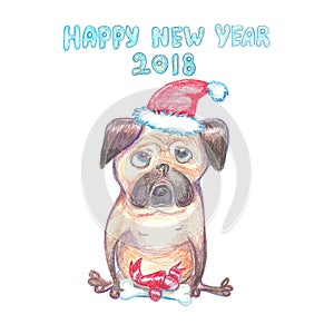 Watercolor Funny Pug In Santa Claus Hat. Happy New Year Greetin