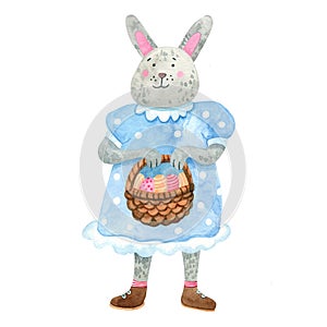 Watercolor funny smiling female bunny with an Easter basket with eggs