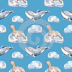Watercolor fur seals on ice floes and whales seamless pattern