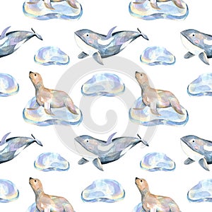 Watercolor fur seals on ice floes and whales seamless pattern