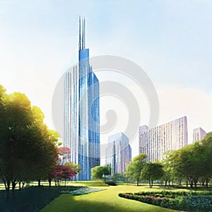 Watercolor of Futuristic garden skyscraper