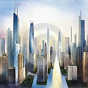 Watercolor of Futuristic megalopolis created with technology