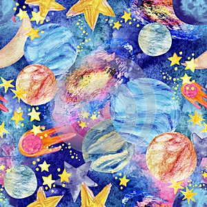 Watercolor galaxy, moon, constellation on starry background