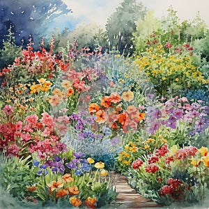 watercolor garden with flowers