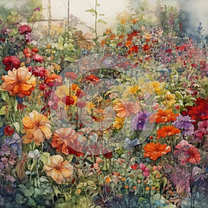 watercolor garden with flowers