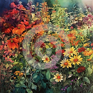 watercolor garden with flowers