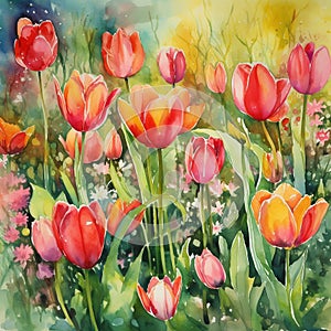 watercolor garden with flowers