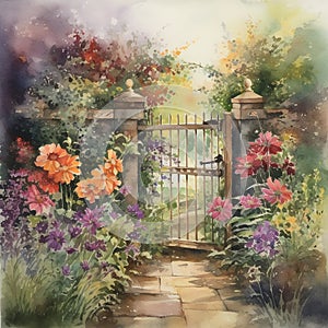 watercolor garden with flowers