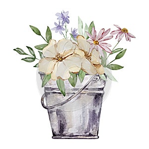 Watercolor garden iron bucket with flowers