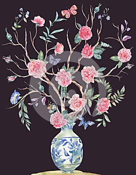 Watercolor garden rose bouquet, blooming tree, Chinese blue vase illustration