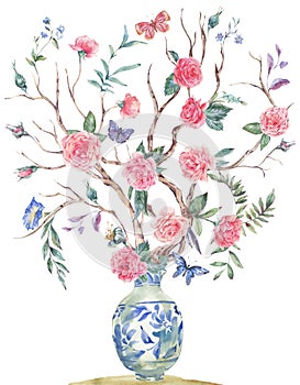 Watercolor garden rose bouquet, blooming tree, Chinese blue vase illustration