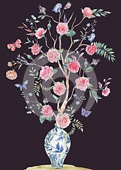 Watercolor garden rose bouquet, blooming tree, Chinese blue vase illustration