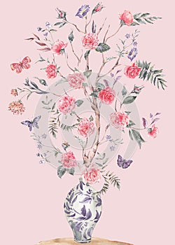 Watercolor garden rose bouquet, blooming tree, Chinese blue vase illustration