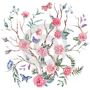 Watercolor garden rose bouquet, blooming tree, Chinoiserie illustration