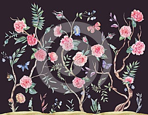 Watercolor garden rose bouquet, blooming tree, Chinoiserie illustration