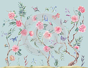 Watercolor garden rose bouquet, blooming tree, Chinoiserie illustration