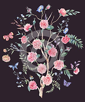 Watercolor garden rose bouquet, blooming tree, Chinoiserie illustration