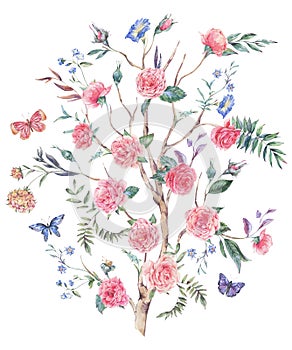 Watercolor garden rose bouquet, blooming tree, Chinoiserie illustration