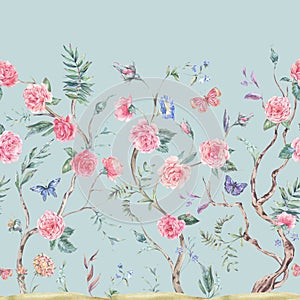 Watercolor garden rose bouquet, blooming tree seamless border, Chinoiserie floral texture