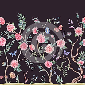 Watercolor garden rose bouquet, blooming tree seamless border, Chinoiserie floral texture