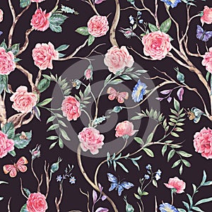 Watercolor garden rose bouquet, blooming tree seamless pattern, Chinoiserie floral texture