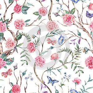 Watercolor garden rose bouquet, blooming tree seamless pattern, Chinoiserie floral texture