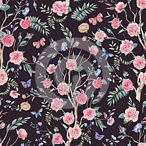 Watercolor garden rose bouquet, blooming tree seamless pattern, Chinoiserie floral texture