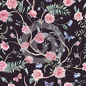 Watercolor garden rose bouquet, blooming tree seamless pattern, Chinoiserie floral texture on black