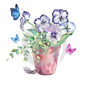 Watercolor Garden Spring bouquet in flower pots