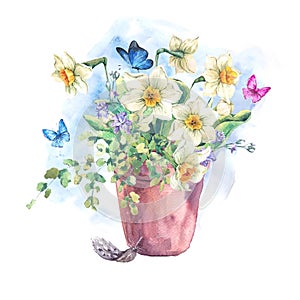 Watercolor Garden Spring bouquet in flower pots