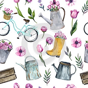 Watercolor garden supplies seamless pattern. Watering can with pink flowers for tour design