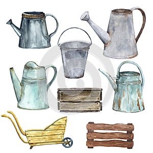 Watercolor garden supplies set. Garden metal objects on the white background
