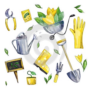 Watercolor garden tool set. Equipment for gardner  doodle style. Hand drawn elements.