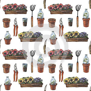 Watercolor garden tools, gardening, garden equipment seamless pattern on white background.