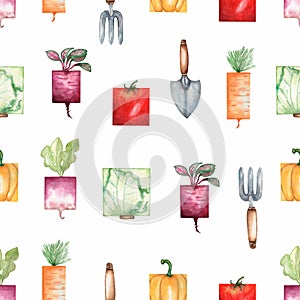 Watercolor garden tools and organic vegetables seamless pattern. Hand drawn background with garden shovel, rake,cabbage,beet,