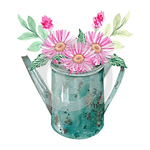 Watercolor garden watering can with autumn flowers 1