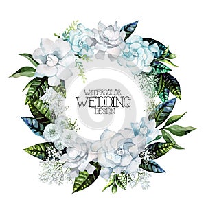 Watercolor gardenia and gypsophila wreath