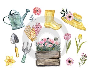 Watercolor gardening elements set, hand drawn illustration. garden rubber boots, hat, flowers, wood box, tools, isolated