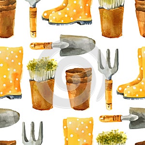 Watercolor gardening seamless pattern