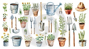 Watercolor gardening tools. Potted plants, shovel, hoe, watering can and gardener\'s hat equipment illustration set