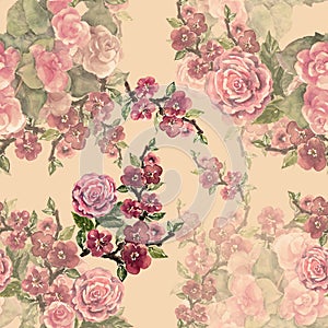 Watercolor garland flowers with sakura. Floral seamless pattern on a pink background.