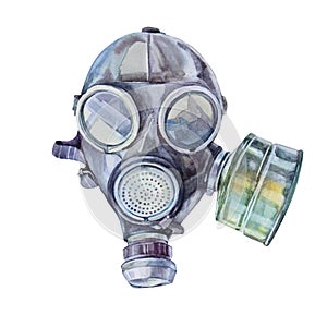 Watercolor gas mask isolated on white background. Military filter respirator for stalker, post-apocalyptic world