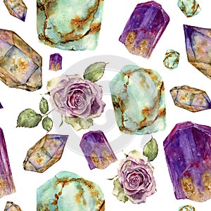 Watercolor gem stones and rose flower pattern. Jade turquoise, amethyst and rauchtopaz stones, vintage roses with leaves