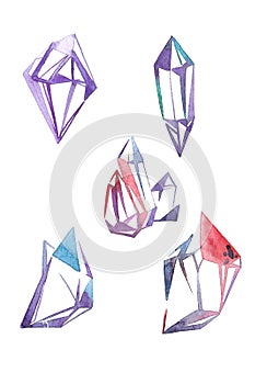 Watercolor gems set. Fashion jewelry sketches. Vogue style. Precious crystals illustration.