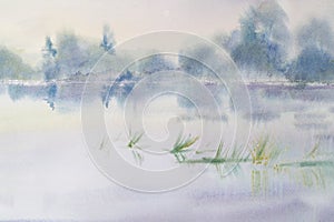 Watercolor gentle morning lake landscape with reflections