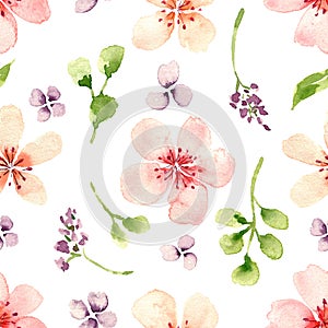 Watercolor gentle pink flowers seamless pattern