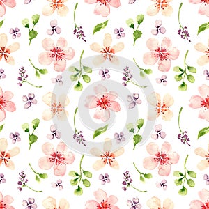 Watercolor gentle pink flowers seamless pattern