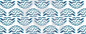Watercolor Geometric Pattern. Indigo Artistic Artwork. Blue Stain Tile. Ink Paint Stroke Seamless. Blue Swimwear Design.